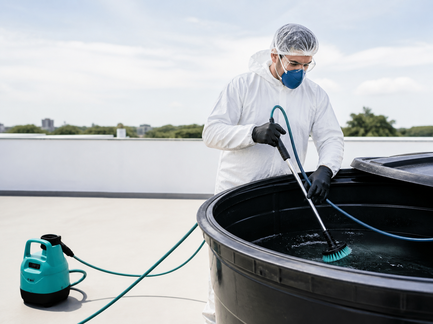 Profissional higienizando uma caixa d’água em um ambiente externo