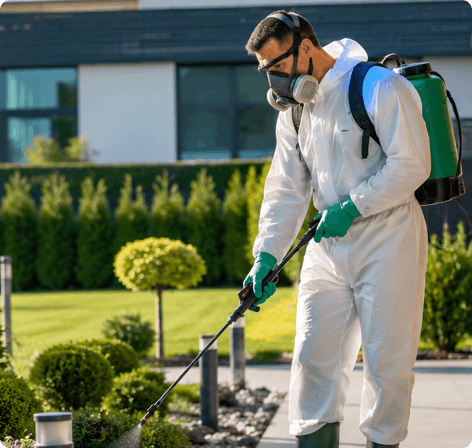 Profissional realizando aplicação de controle de pragas em área externa