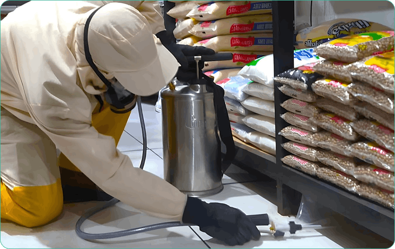 Profissional realizando aplicação preventiva em um ambiente de armazenamento